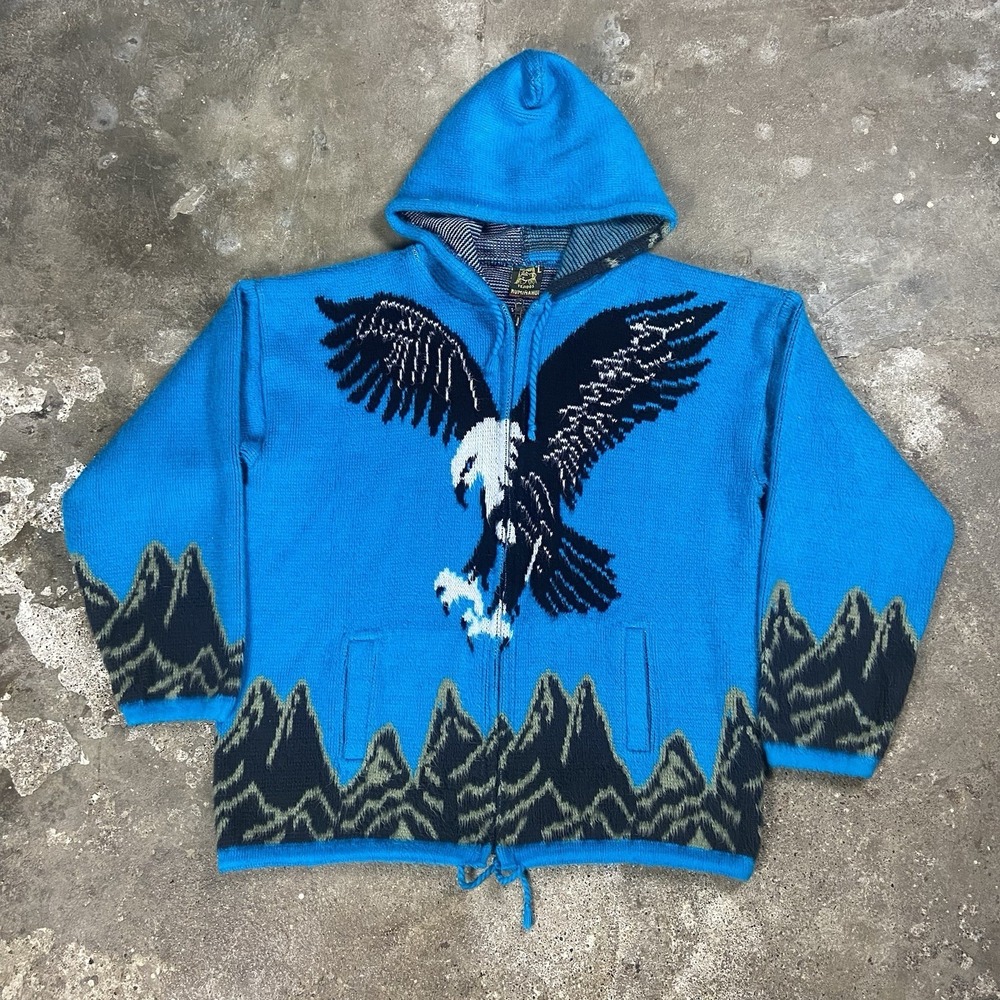 Vintage Tejidos Ruminahui Knit Sweatshirt Size Large Blue Hoodie Eagle Graphic